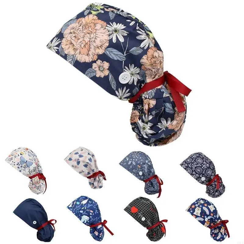 Damska czapka z długimi włosami, regulowana z guzikami z opaską, kwiatowy nadruk, kucyk, wiązanie z tyłu, bawełniany kapelusz