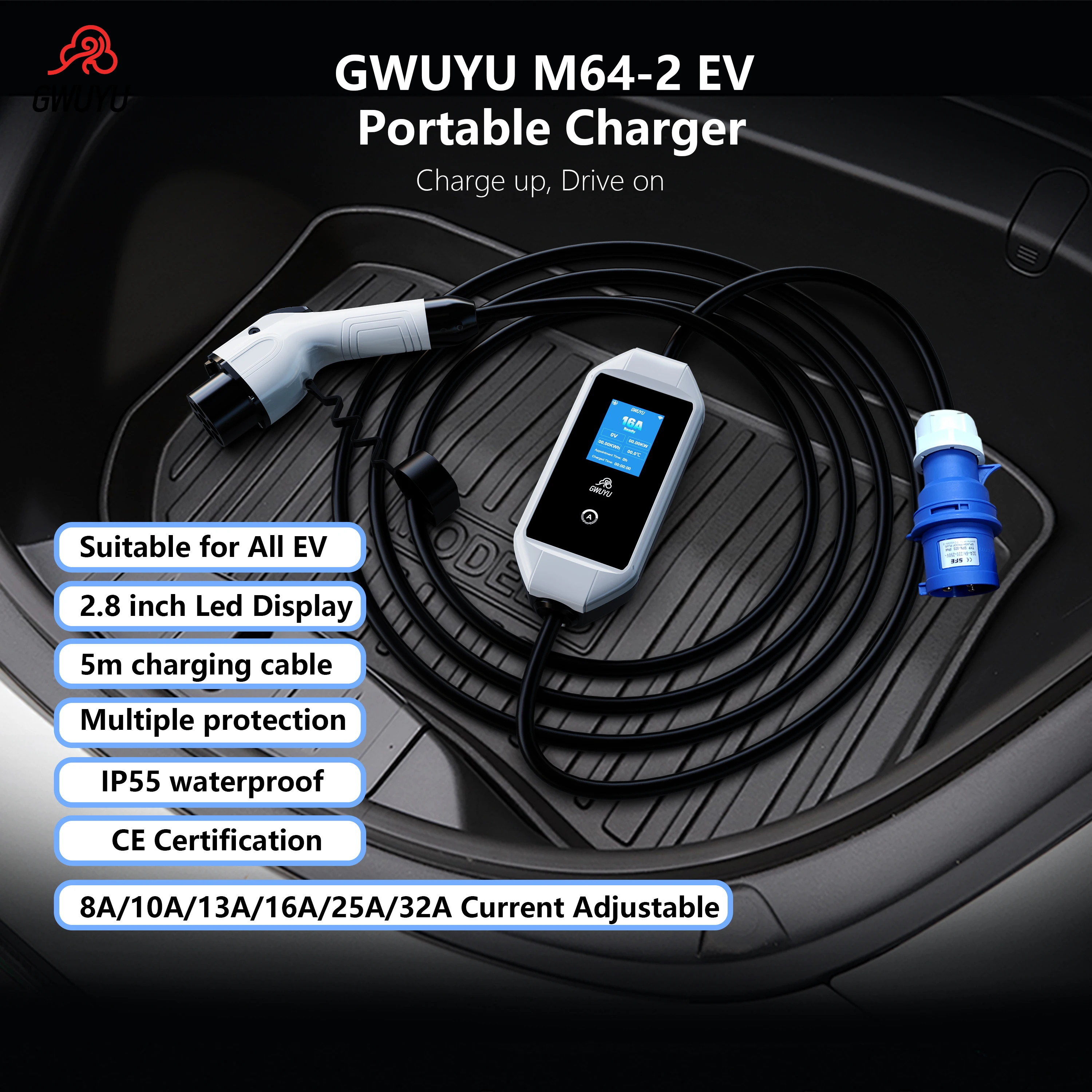 16A 3.5kw 32A 7kw High Speed EV Portable Charger GB/T 20234.3 EV Charging Cable 5M with 2.8 Inch LED Screen For Home