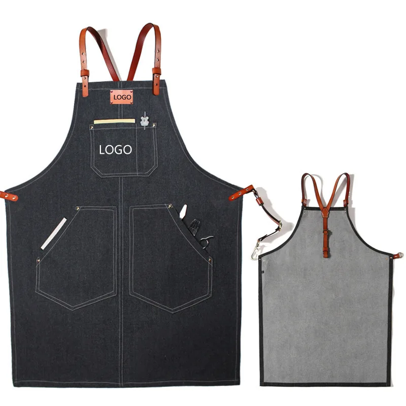 New PU Leather Straps Denim Work Apron Barista Barber Work Clothes Restaurant Floral Apron For Woman Man Customized Brand Logo