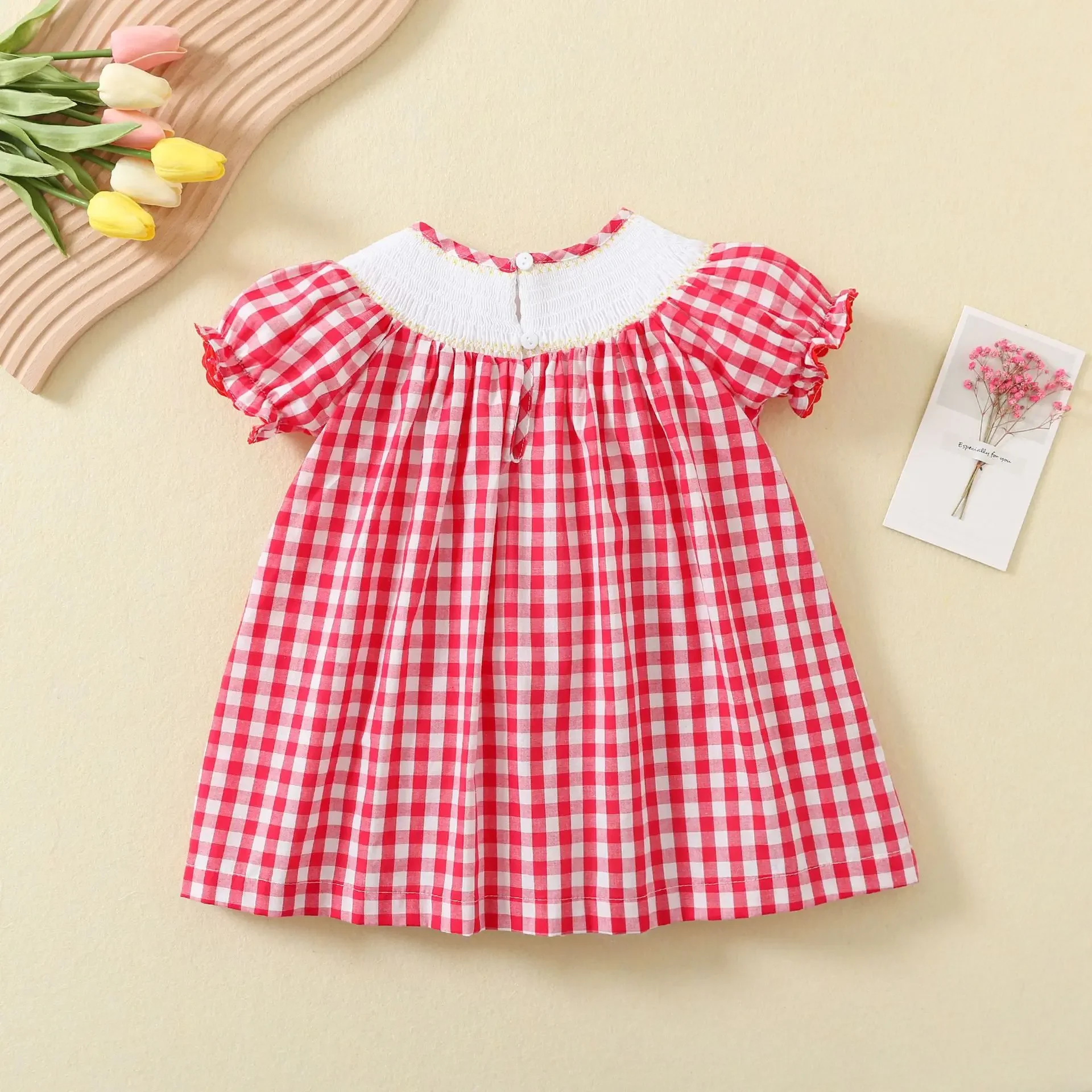 2024 Summer New Toddler Christmas Embroidery Dresses Baby Girls Smocking Dress Cotton Infant Casual Plaid Princess Clothing