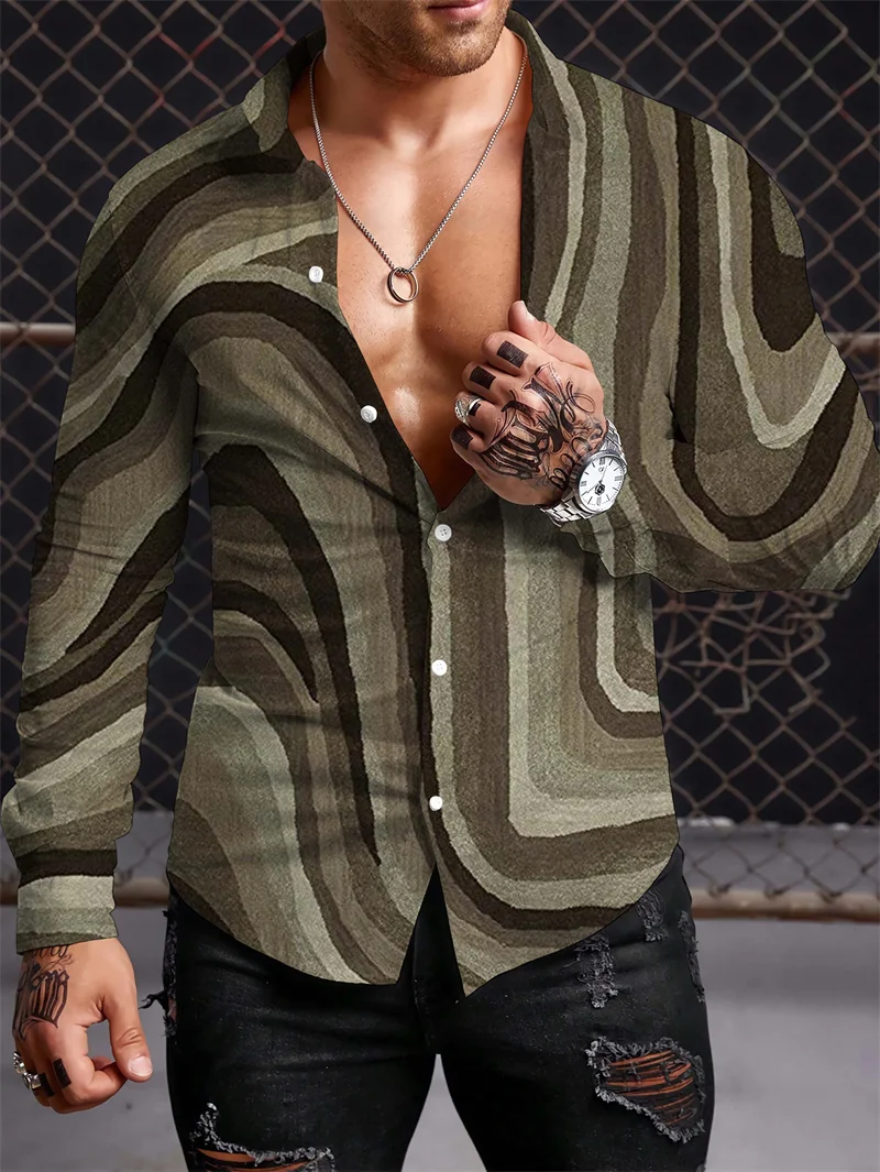 2023 Fashion  Men\'s Long Sleeve Polo Neck Shirt Luxury Retro Pattern Shirt Casual Fashion Top Large S-5XL