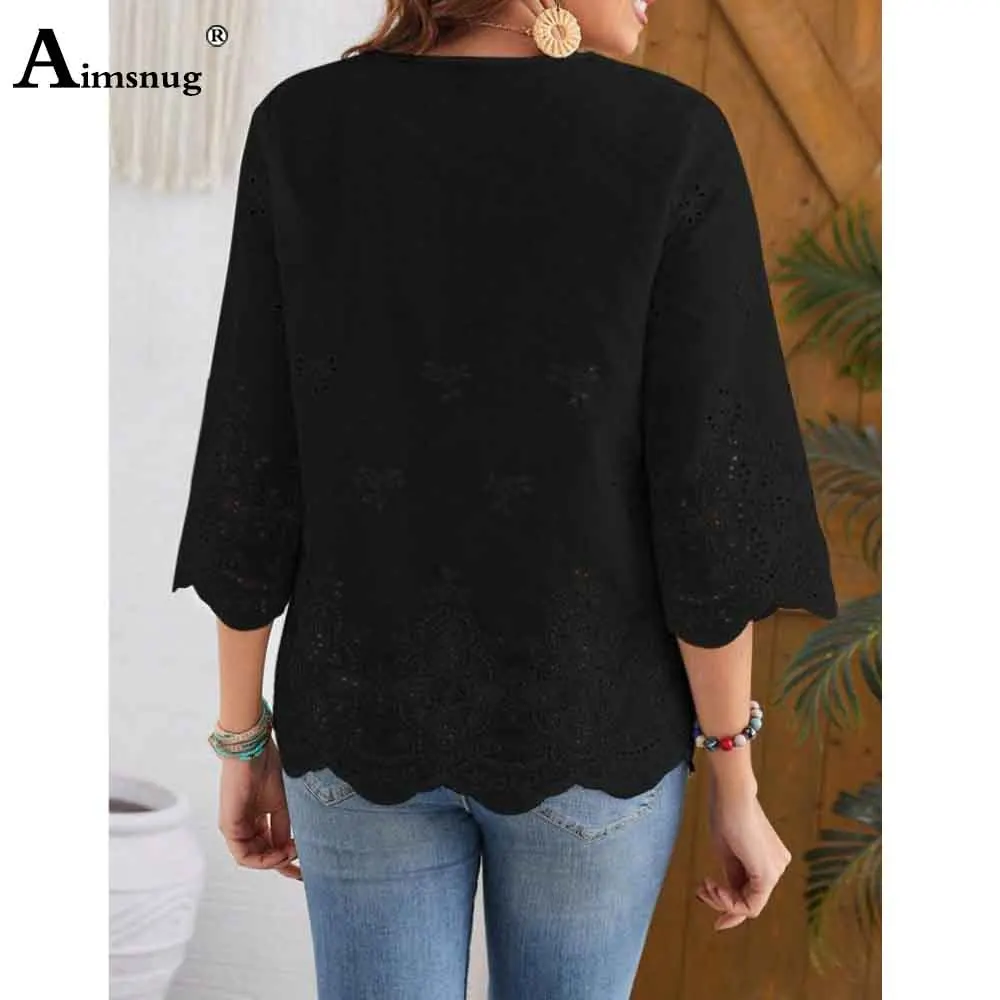 European Style 2025 Women Lace embroidery Basic Shirts New Casual Beach Tops Blouse Ladies Bohemian Flower shirt blusas femmes
