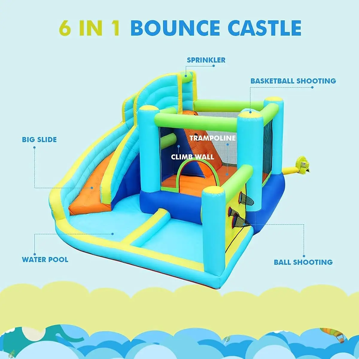 Inflatable Bounce House, Water Slide Park Slide Bouncer with Ball Shooting, Climbing Wall, Jumping and Splash Pool, Kids Bouncy