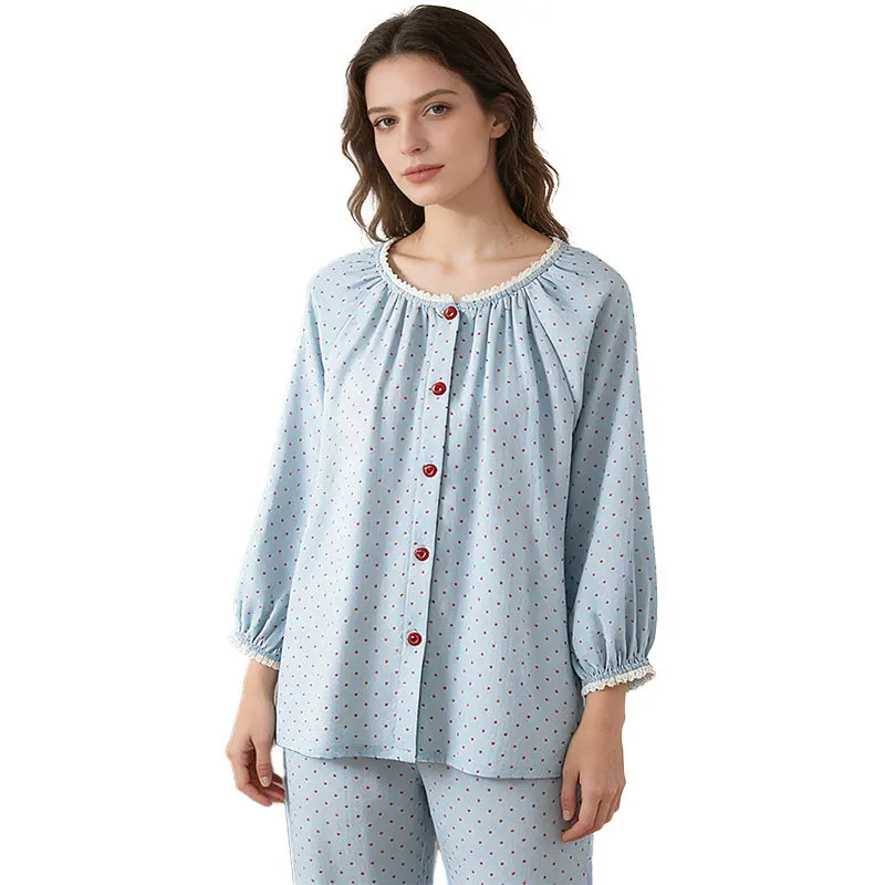 Women's Pure Cotton Polka Dot Pajamas Set Loose Soft Breathable Sleepwear Sweet Lace Neck & Elastic Cuffs Loungewear Suit