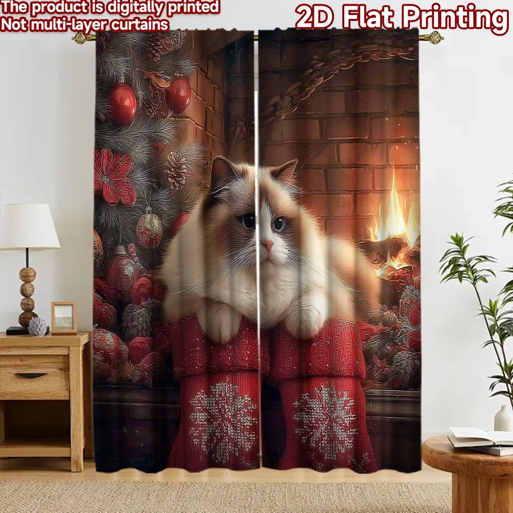 2D flat 2pcs Curtain Modern Minimalist Style Curtains Christmas Cat by Fireplace Digitally printed polyester Family Party