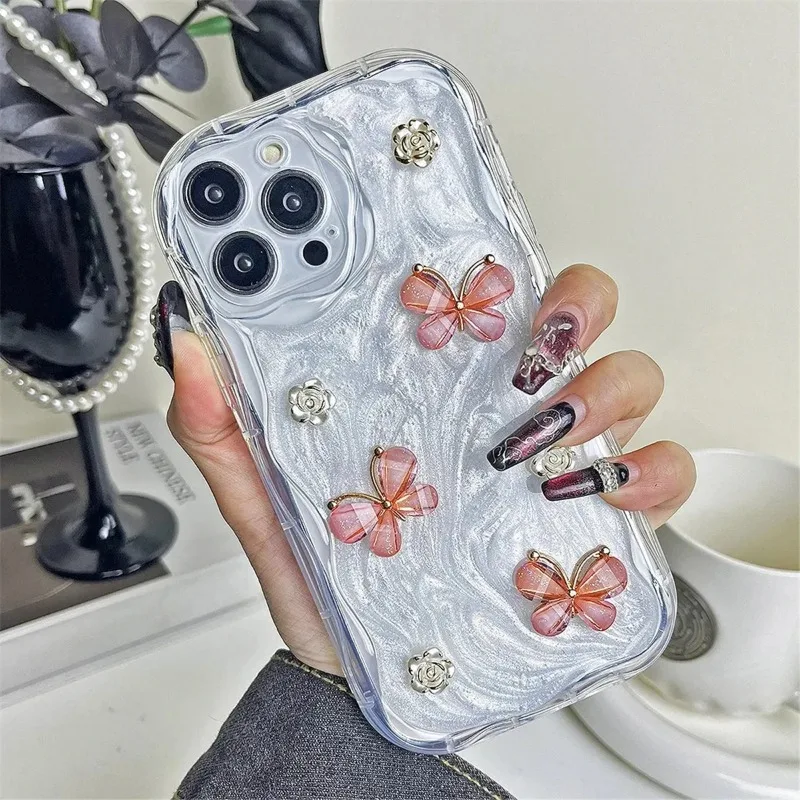 

3D Cute Butterfly Camellia Creamy Wavy Phone Case For iPhone 11 13 12 15 Pro Max 14 Plus XR XS Max Soft Shockproof Protect Cover