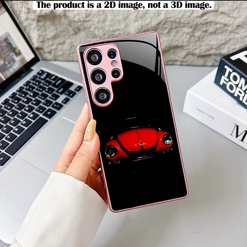 Black Red Beetle Case,2D Print Base Glass Cover for Samsung S/A Series,Shockproof Shell