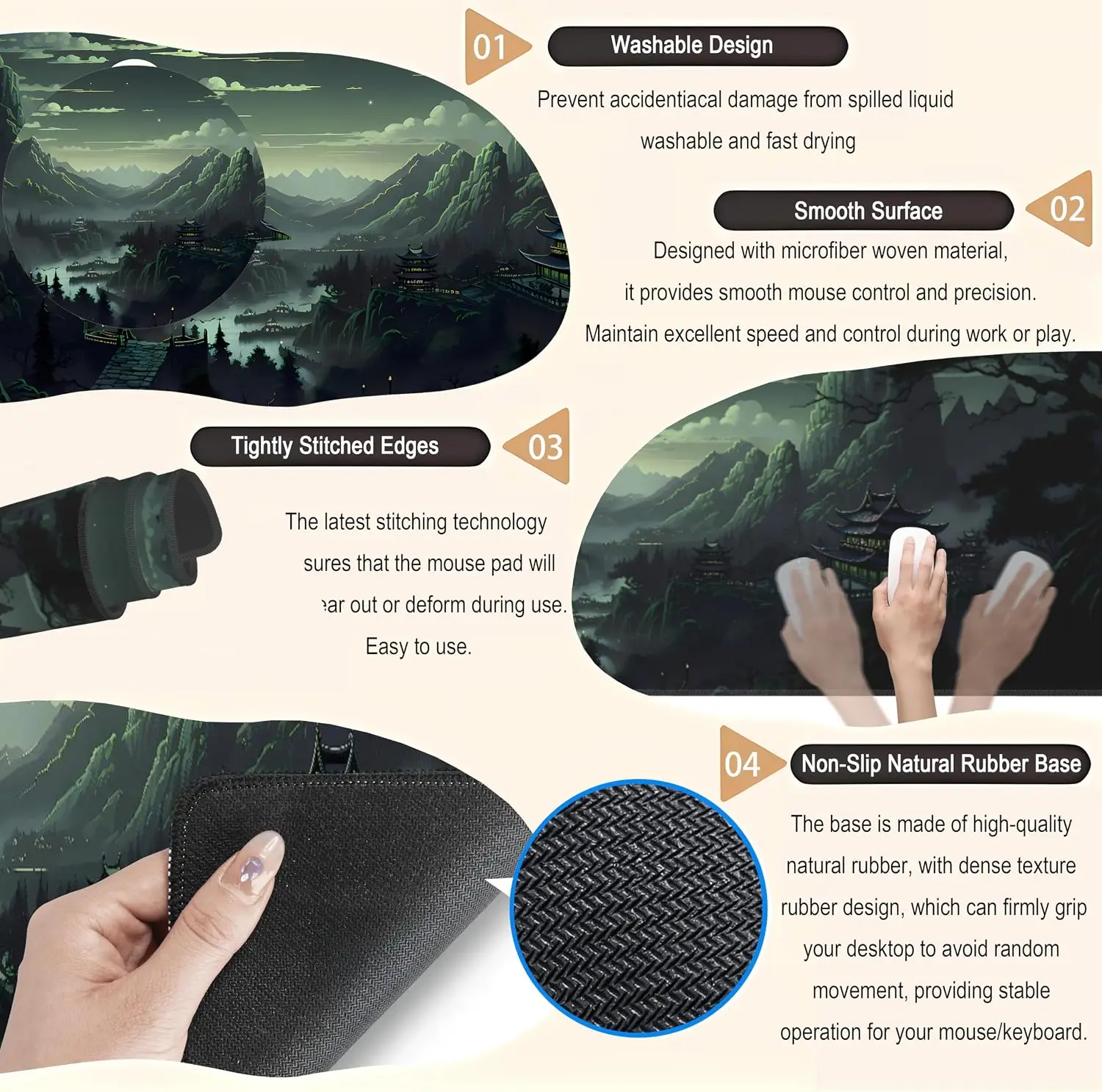 Chinese Moon Night Large Desk Mouse Pad, Misty Mountain Ancient Temple Pavilion Scenery Print, Non‑Slip Mat For Gaming Office 5