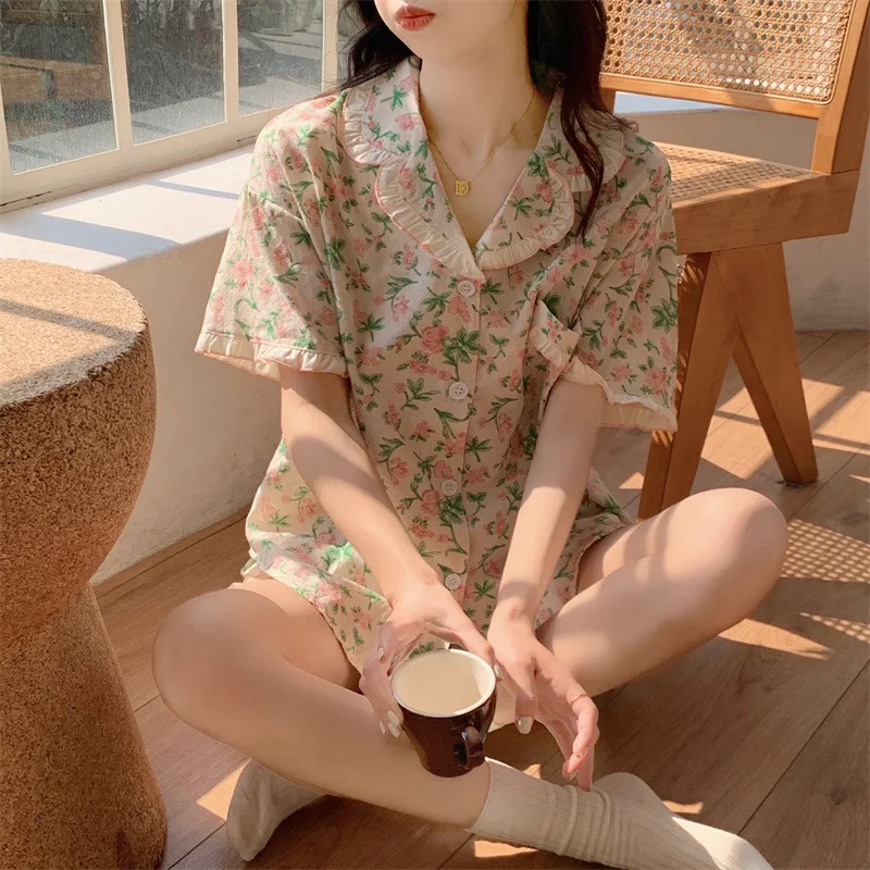 Floral Sleepwear Women Pajama Sets Summer Piiama Korean Ruffle Short Sleeve Home Suit 2 Pieces Sleeping Night Wears Pyjamas New