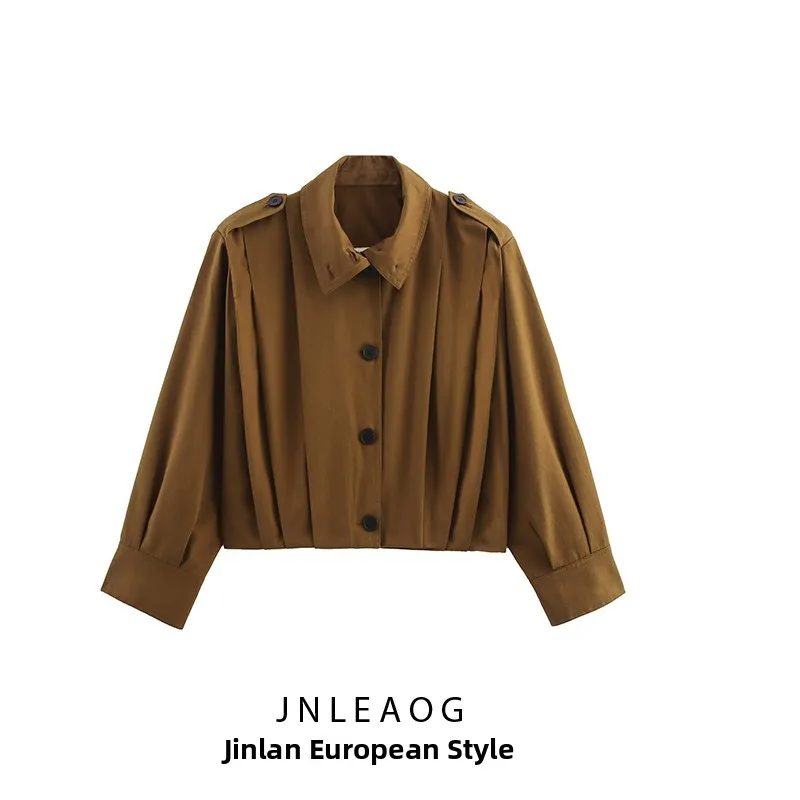 

Faionable Pleated Belted Coat JNLEAOG Women's Autumn New Sle French Sle Loose Fit Polyester ort Outerwear
