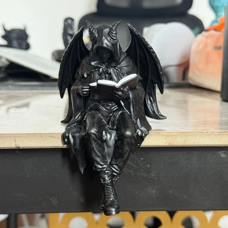 Gothic Demon Reading Book Shelf Sitter Statue, Black Resin Devil Figurine Spooky Halloween Home Decor Ornament For Desk