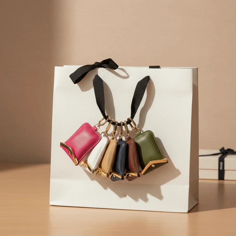 Solid Color Key Chain Tote Bag Mini Tear-Resistant Foldable Shopping Bag High-Capacity Faux-Leather Case 2-in-1 Bag Charm Pouch