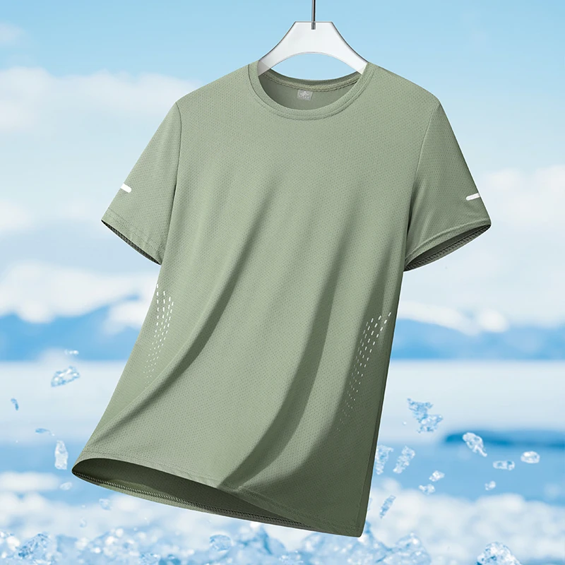 Herren Schnelltrocknende T-Shirts Atmungsaktive Lauf-Sommer-Shirts aus Eisseide Dünnes Oberteil mit Reflektierendem Druck Kurzarm Fitness Sport T-Shirt
