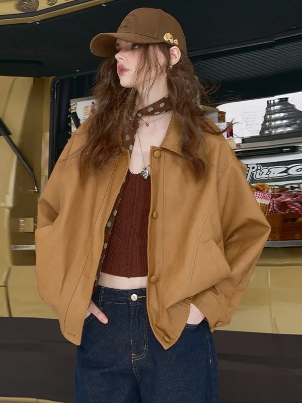 

Elegant Pink Matte PU Leather Jacket Women's Vintage Sleeve Loose Fit Early Autumn New Arrival Fairy Inspired Top Coat