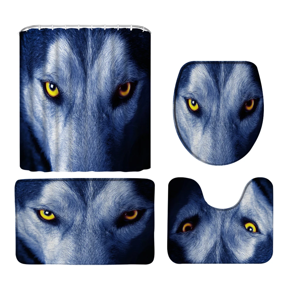 Mysterious Wolf Moon Shower Curtain Sets Rugs Toilet Lid Cover Bath Mat Waterproof Wild Animal Bathroom Shower Curtain Set Decor