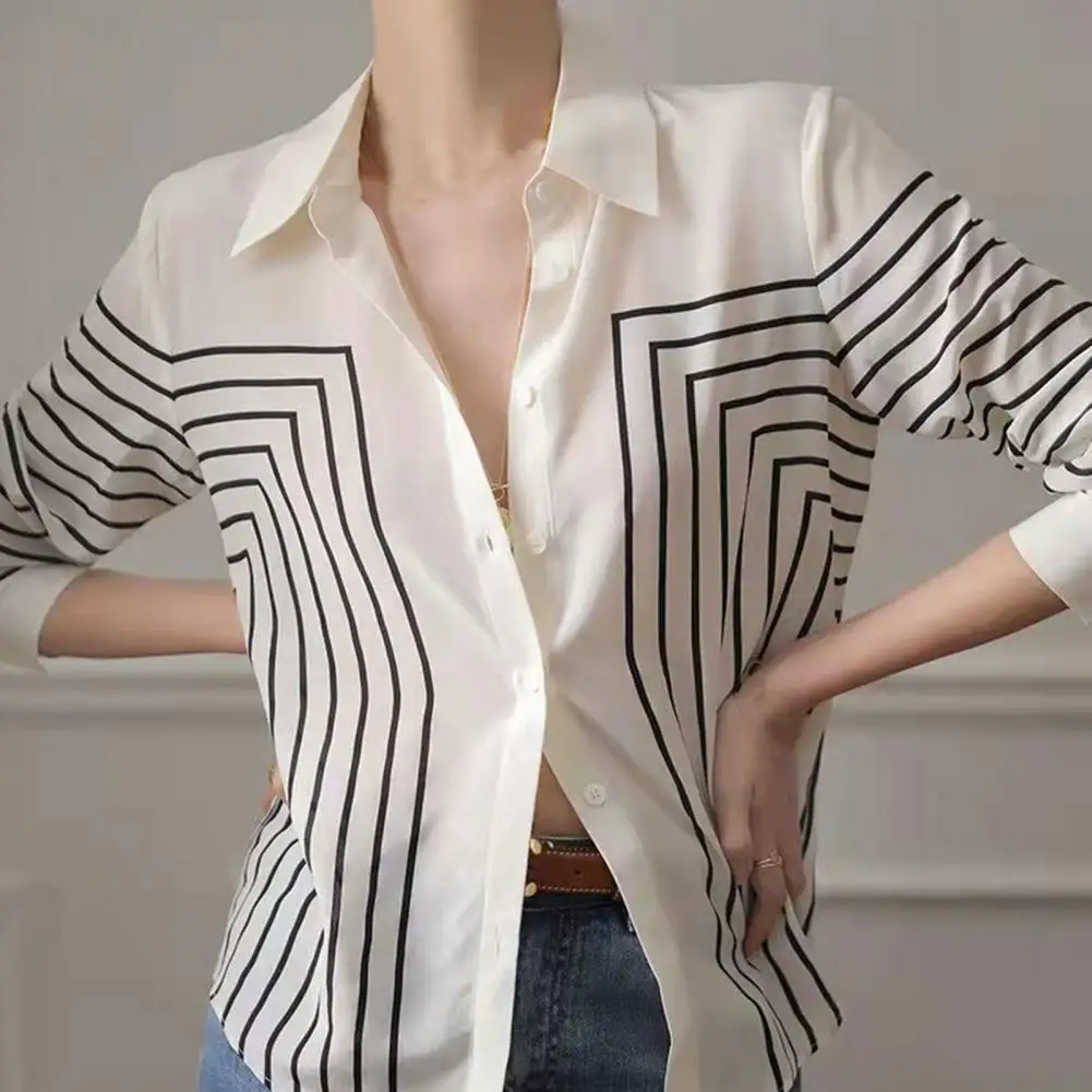 Chemise en mousseline de soie à imprimé rayé pour femme, col à revers, manches longues, coupe adt, simple boutonnage, chemisier noir