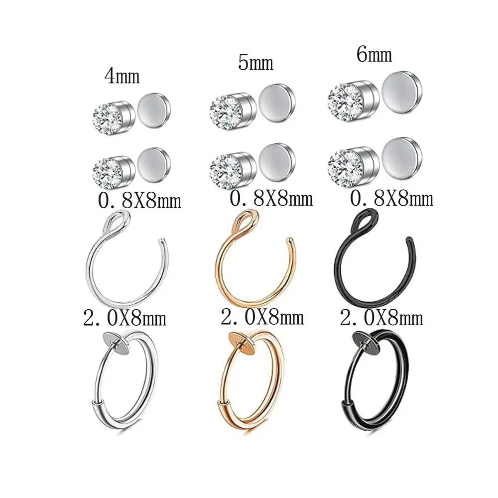 1-15Pcs Set Fake Nose Ring Hoop Magnetic Septum Stud Nose Cuffs Stainless Steel CZ Fake Septum Nose Piercing Faux Ear Lip Cuffs view 2