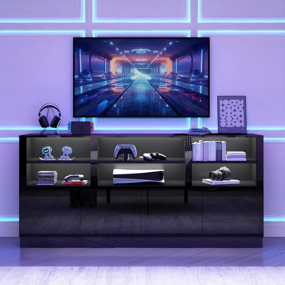 

TV Stand with Storage Shelves and Doors Modern Entertainment Center for 75/80/85 Inch RGB LED Lights High Gloss TV Media Console