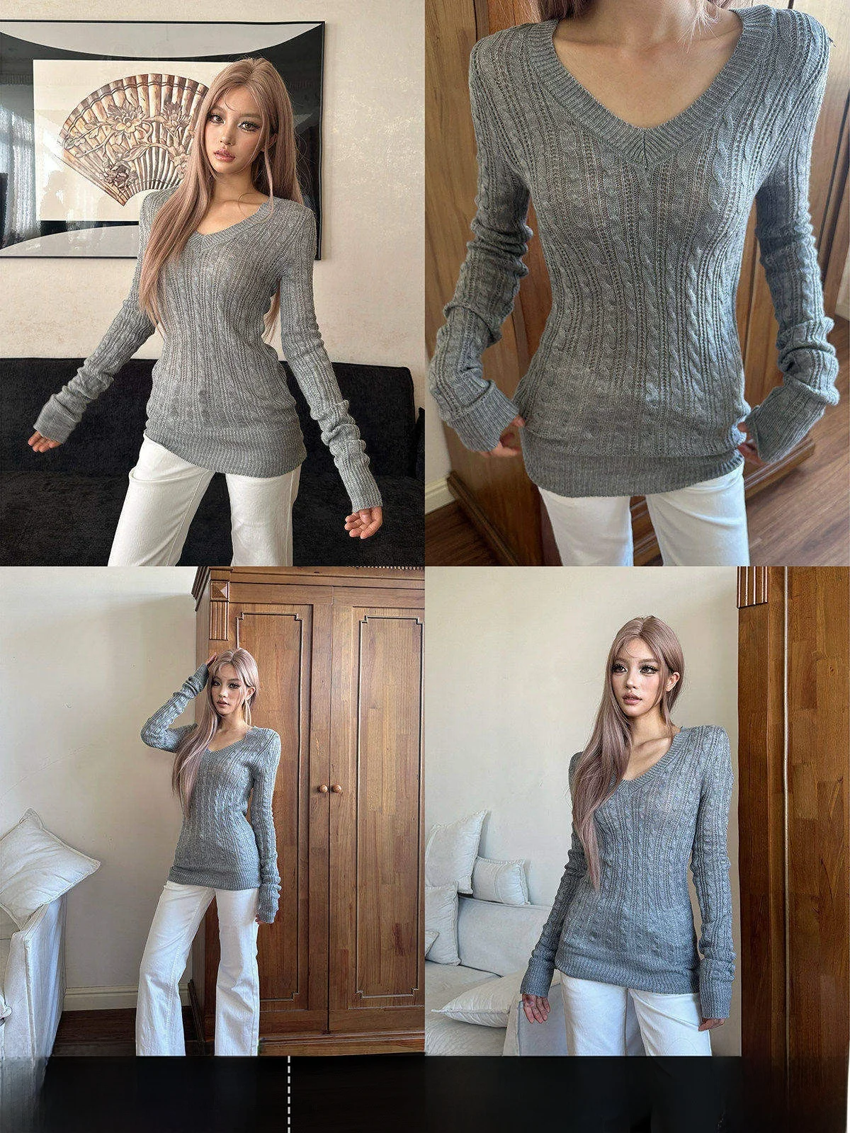 Gogo Burn Grey Long V-neck Knitted Sweater Women's Butt-covering Fashionable High-end Autumn New Style Warmth Heating Pure Co...