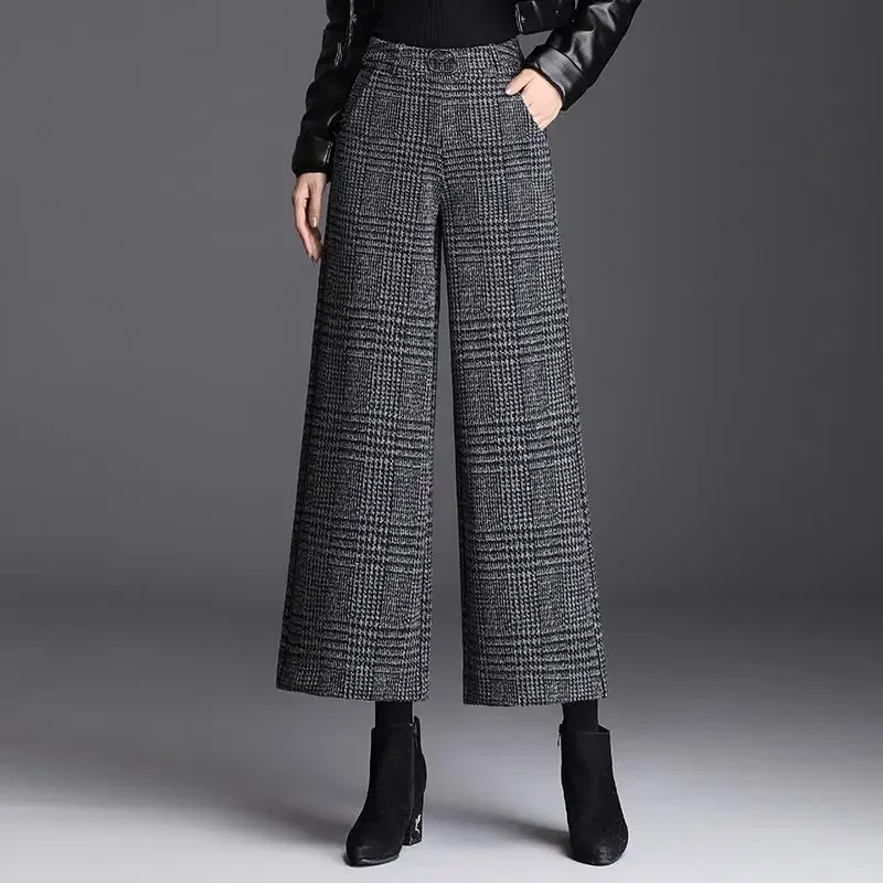 Autumn Winter Office Lady Simplicity Plaid Loose Elastic Waist Wide Leg Pants Women Clothing All-match Pocket Ankle-length Pants