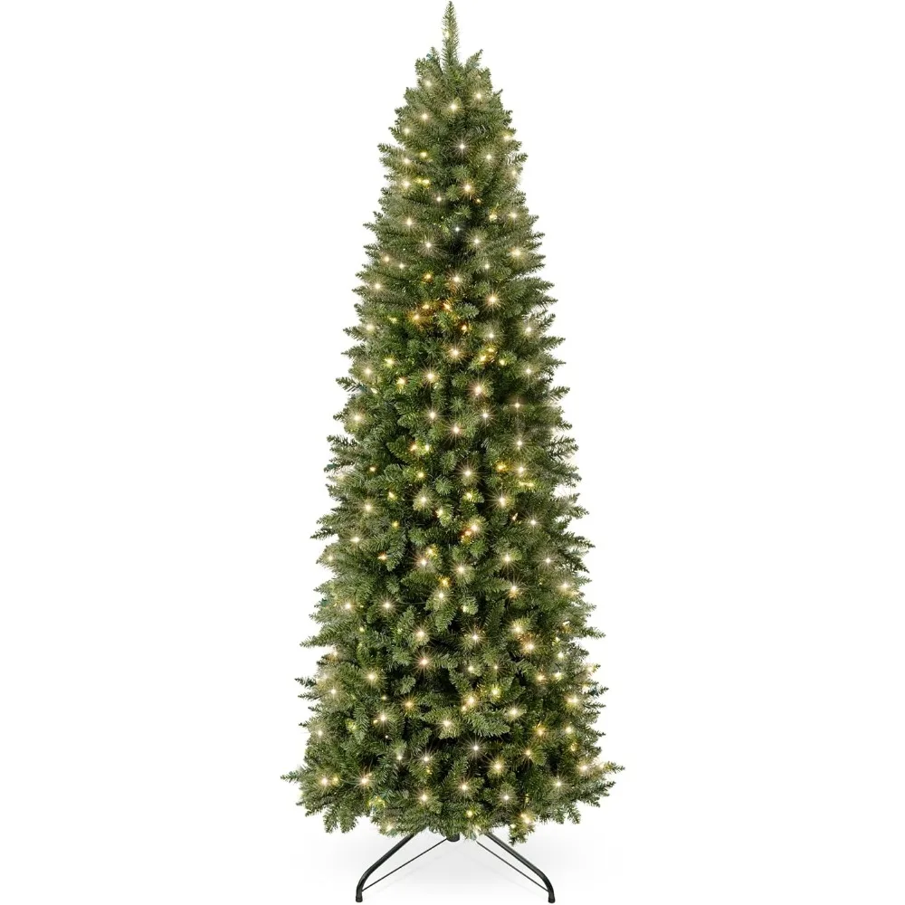 

Pencil Slim Christmas Tree with 200 Color Changing LED Lights, 544 Branch Tips, Metal Stand and Hinged Branches, 6.5 Ft