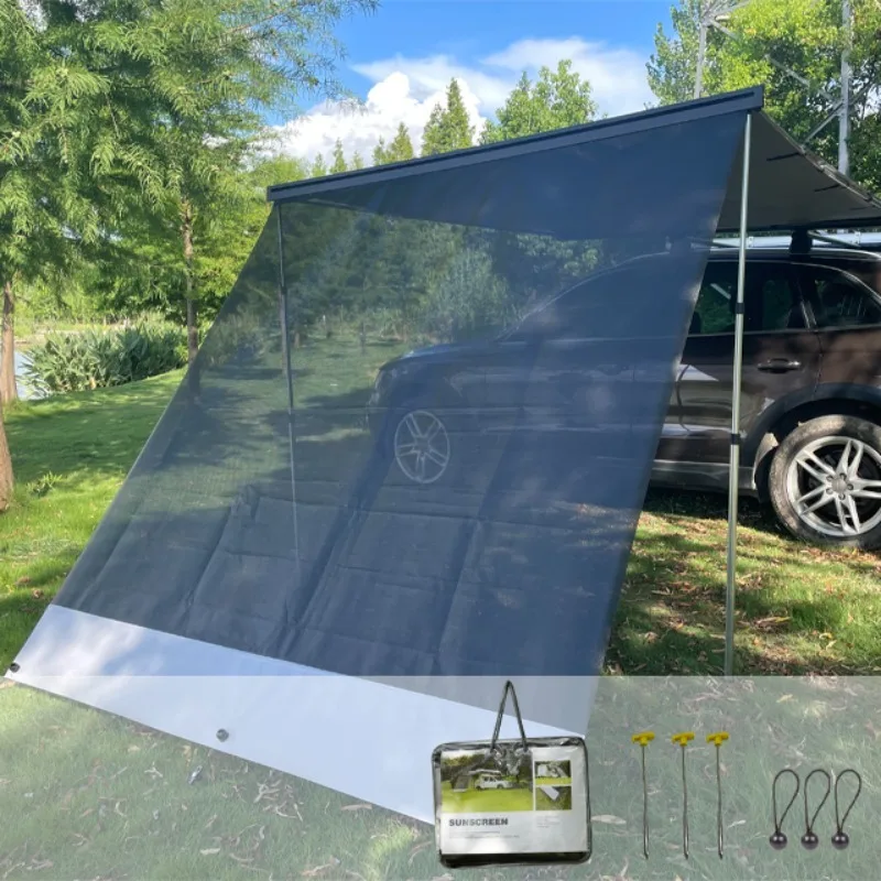 Black mesh RV , side curtain, camping trailer  sunshade UV protection complete set