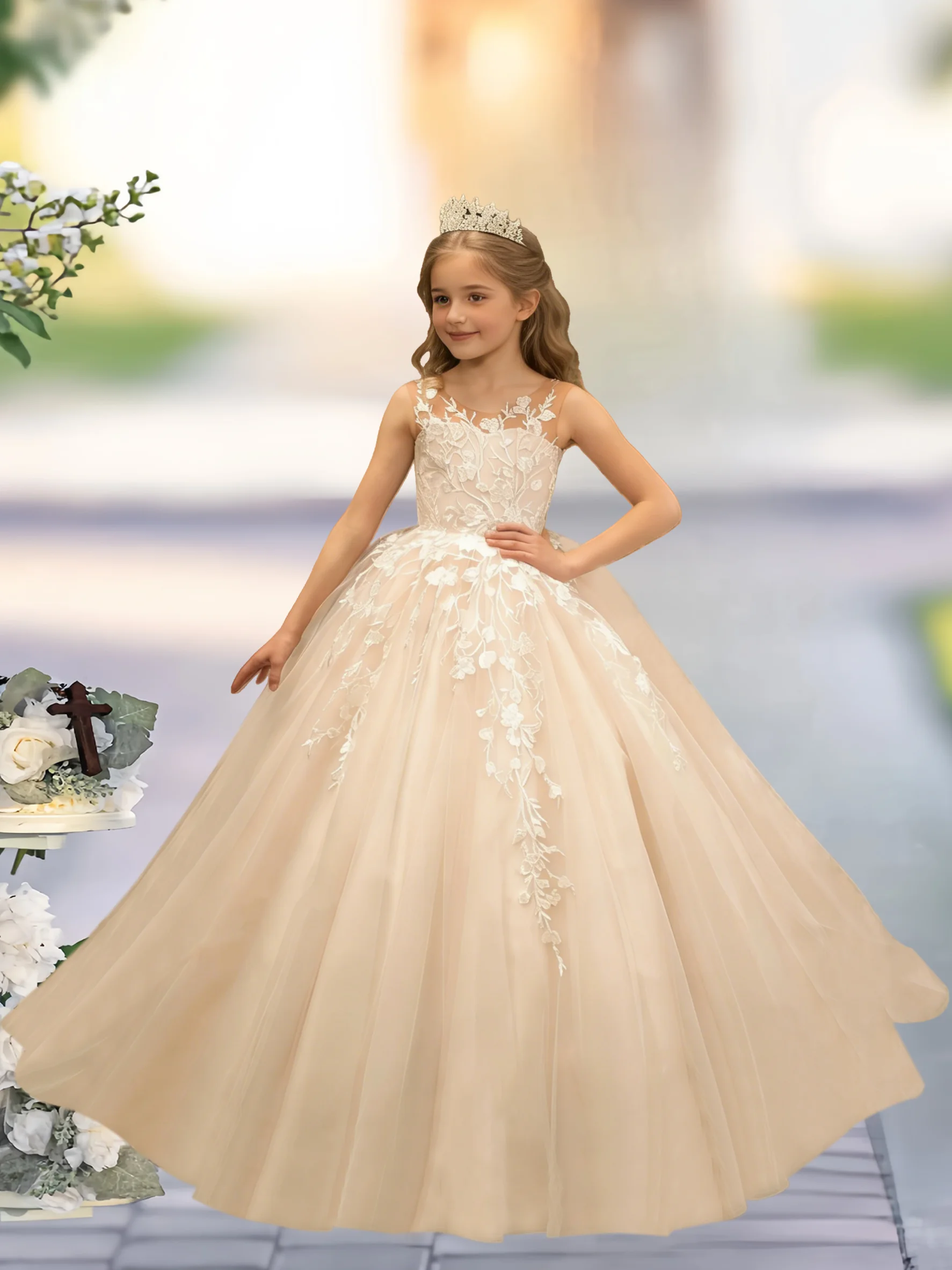 

Длинное вечернее платье А-силуэта для девочек-подростков из фатина с кружевной аппликацией и вырезом-лодочкой для свадеб и торжеств