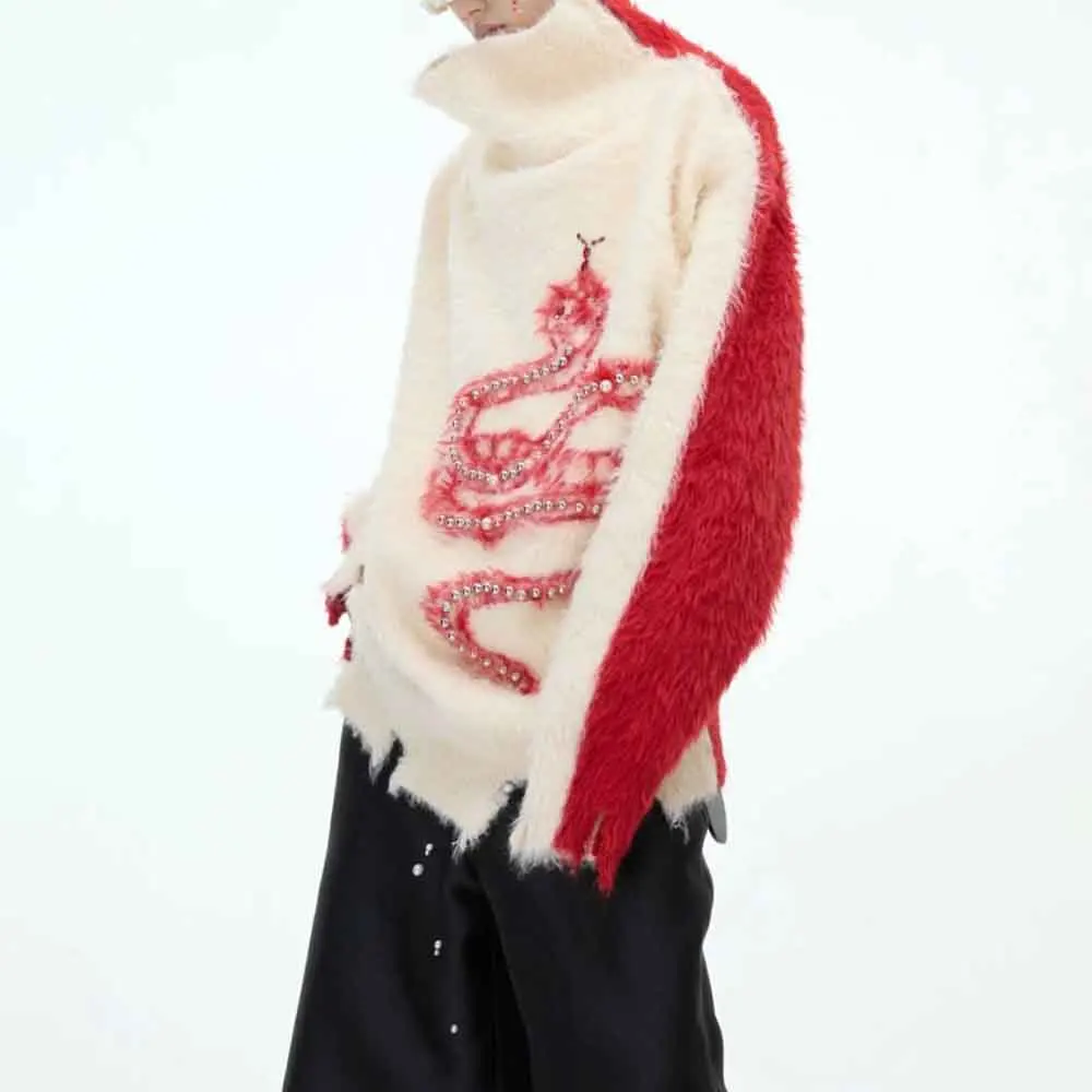 Мужской осенний свитер с цветными блоками, свитер с жемчугом в виде змеи, трикотаж, уличная одежда, модный молодежный универсальный топ, мужская одежда 2025