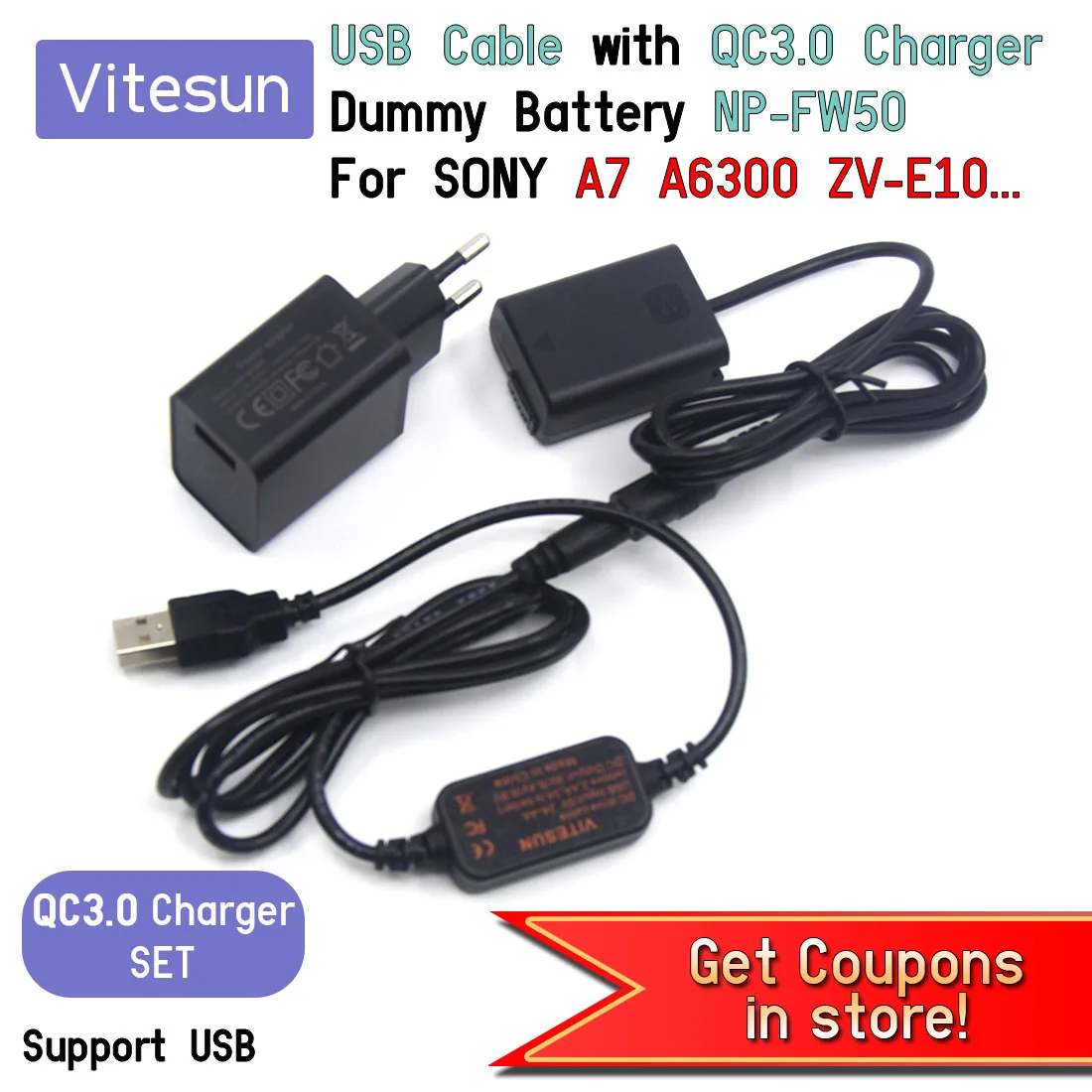 QC3.0 18W USB Charger + USB Power Cable  + NP-FW50 Dummy Battery for Sony A7S2 A7S A7 II A7R A7RII a7m2 A6300 A6500 A7000 ZV-E10