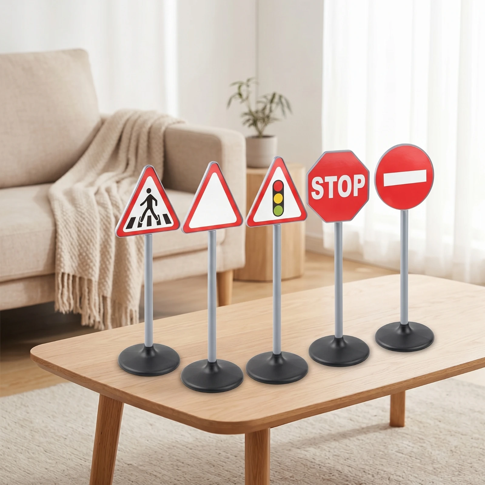 5 Pieces Road Sign Models Freestanding Toy Road Signs with Bases Toy Traffic Signs Small Miniature for Children, Classroom