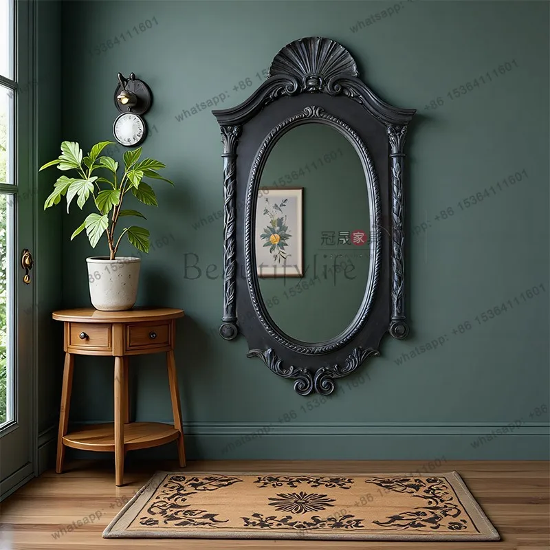 LS American retro wall hanging full-length mirror living room carved decoration bedroom special-shaped French fitting mirror