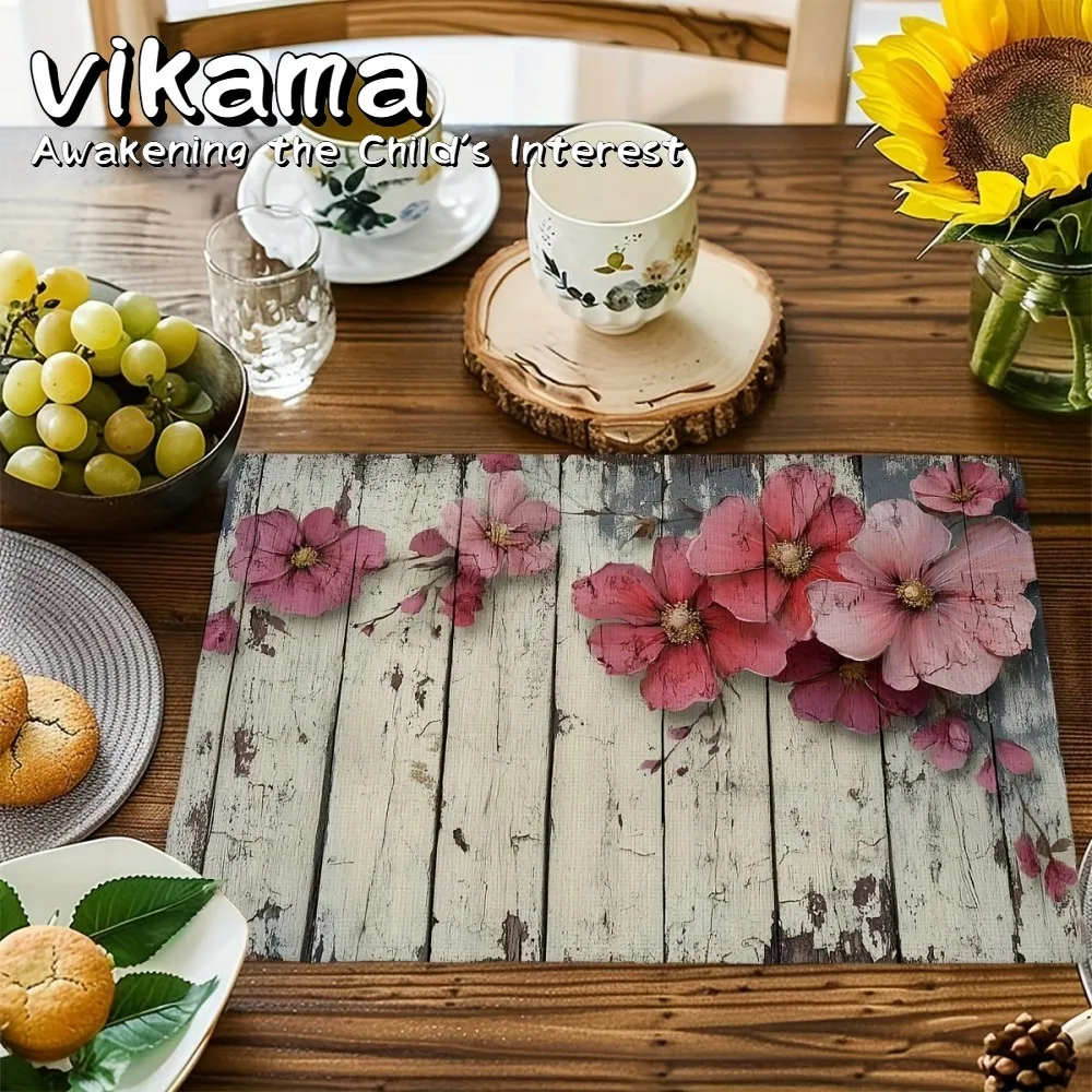 VIKAMA 4-Vintage-Tischset aus Leinen, vertikale Retro-Holzmaserung, rechteckige Tischsets für das tägliche Esszimmer und die Feiertagsdekoration