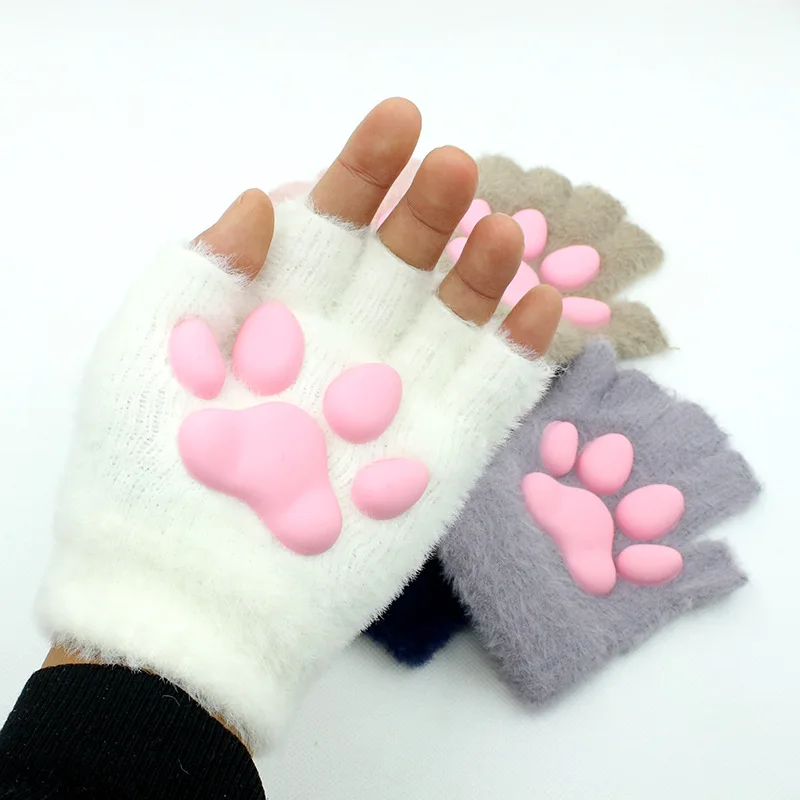 Cute Silicone Cat Claw Gloves Fingerless Plush 3D Toes Cat Paw Hand Sleeves Knitted Kitten Mittens Lolita Cosplay Prop Gift