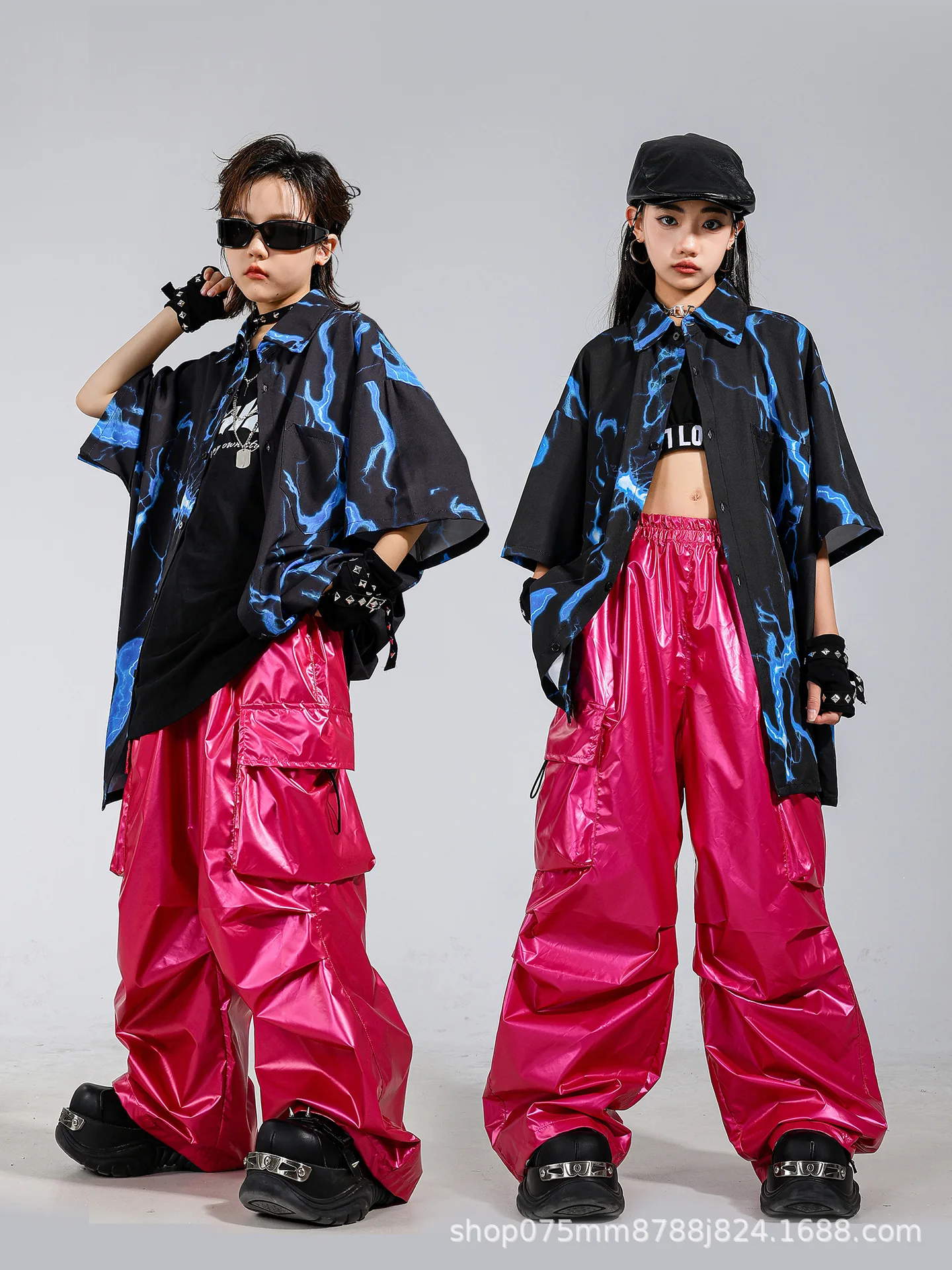 Children's Street Dance Performance Costume, Boys' Hip-hop Blue Tie Dye Vest Set, Girls' Jazz Dance Performance Costume