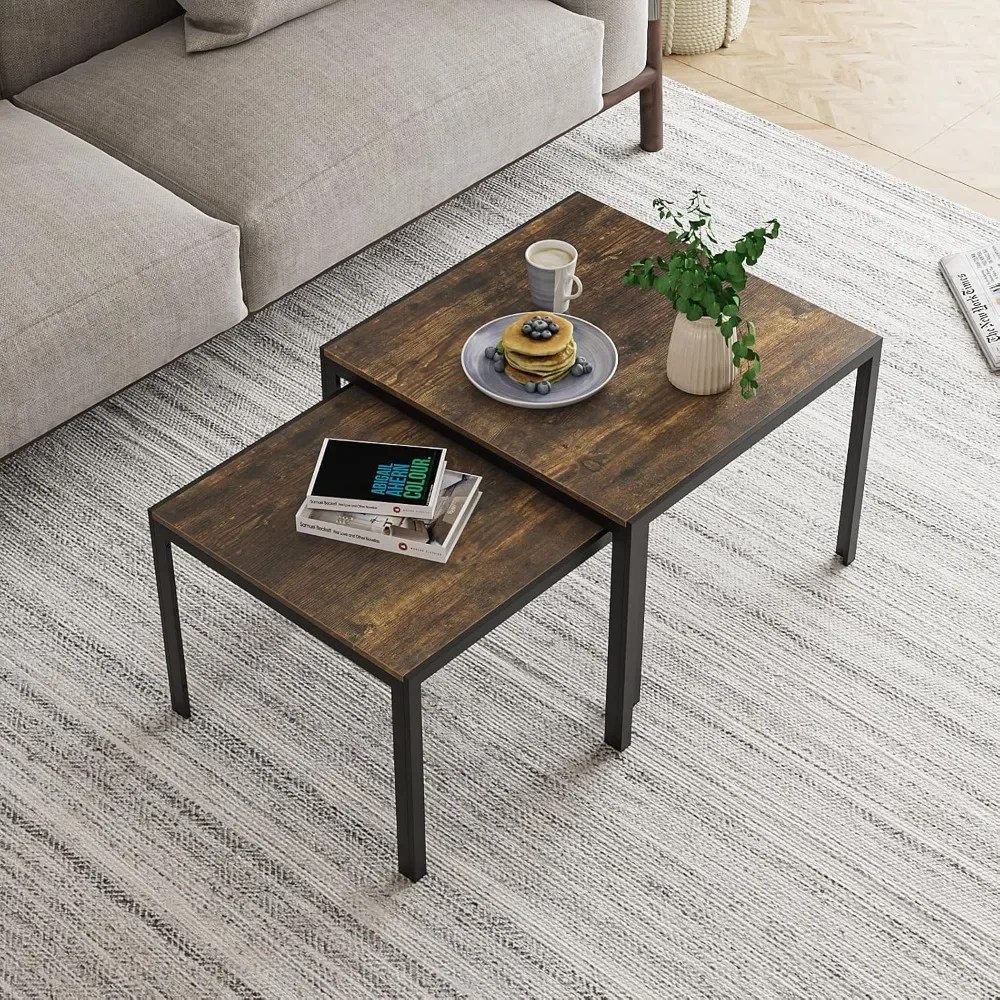 

Nesting Coffee Table Set of 2, Square Modern Stacking Table with Wood Finish, Industrial End Table Side Tables for Living Room