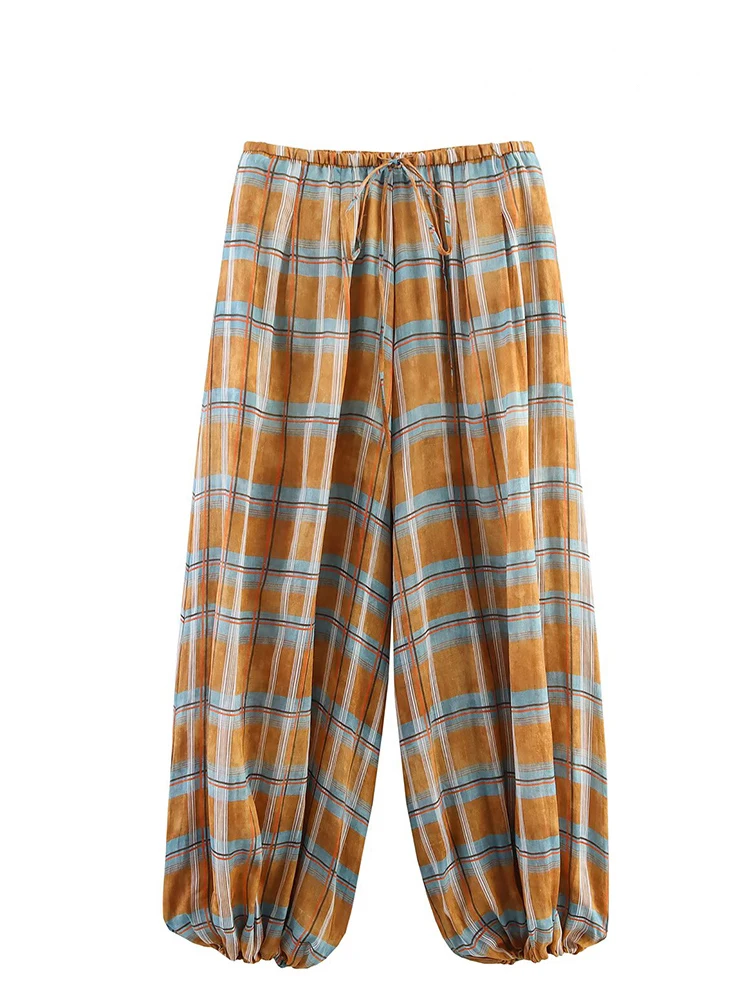 HH Women's Autumn Fashion Versatile Ramie Bloomers Plaid Printed Loose Pants Female High-Waist Drawstring Casual Trousers