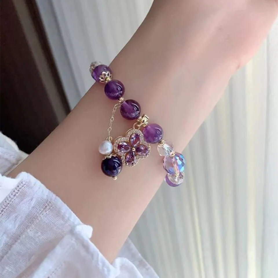 Cute Purple Crystal Beads Zircon Charm Bracelet for Women Trendy Hand Jewelry Birthday Anniversary Holiday Gift