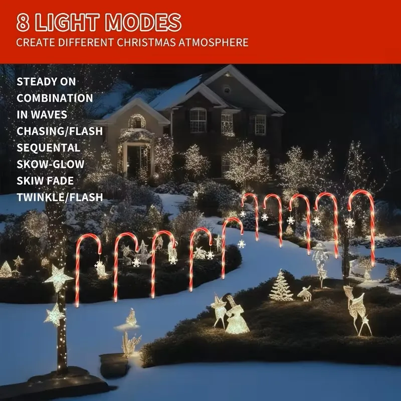 Luz solar de bastão de doces 5 em 1, decoração de Natal externa à prova d'água com padrão de floco de neve para quintal, gramado, entrada de automóveis, jardim
