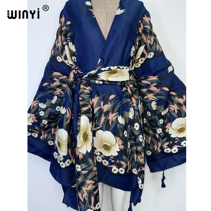 2022 NEW WINYI Summer Beach Wear Swim Suit Cover up sweet lady boho Cardigan stitch Self Belted sexy Holiday long Sleeve Kimono