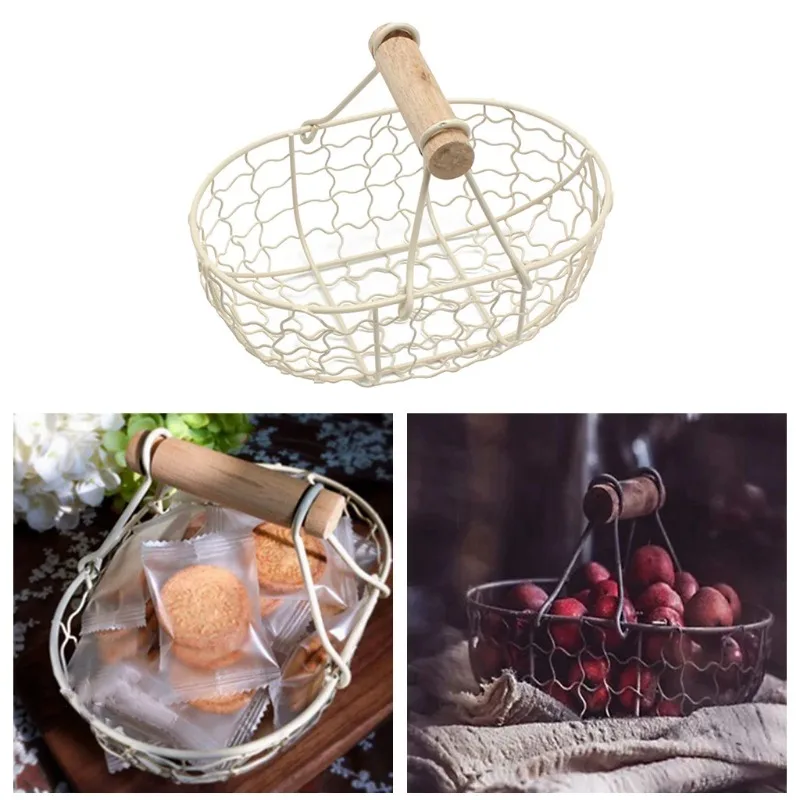 Wooden Handle Metal Retro Basket Portable Vegetable Fruit Egg Storage  Eco Friendly Products Zero Waste Reusable