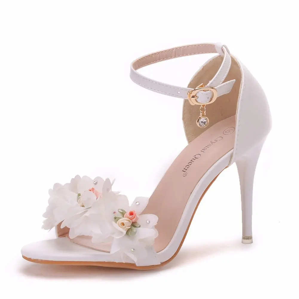 Women Open Toe Ankle Strap Stiletto Heel Dress Sandals Flower PU 9.5CM Thin Heels Shallow Casual Woman Shoes Dance White Elegant image 6