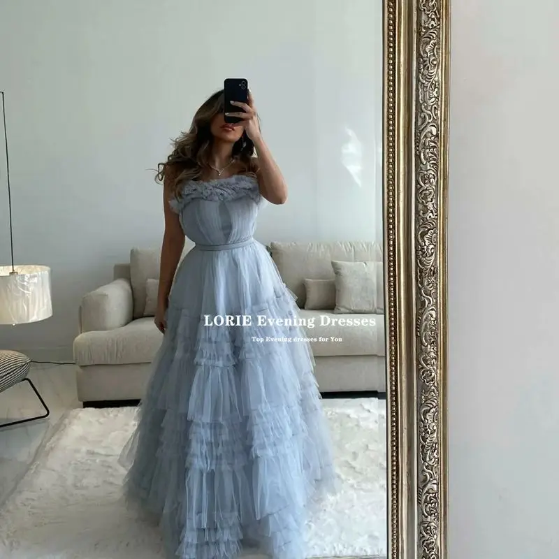 Lorie Modest Tulle Dubai Arabisch Vrouwen Avondjurken Mouwloze Ruches Sky Blue Formele Prom Jassen Vestidos De Gala Party Dress