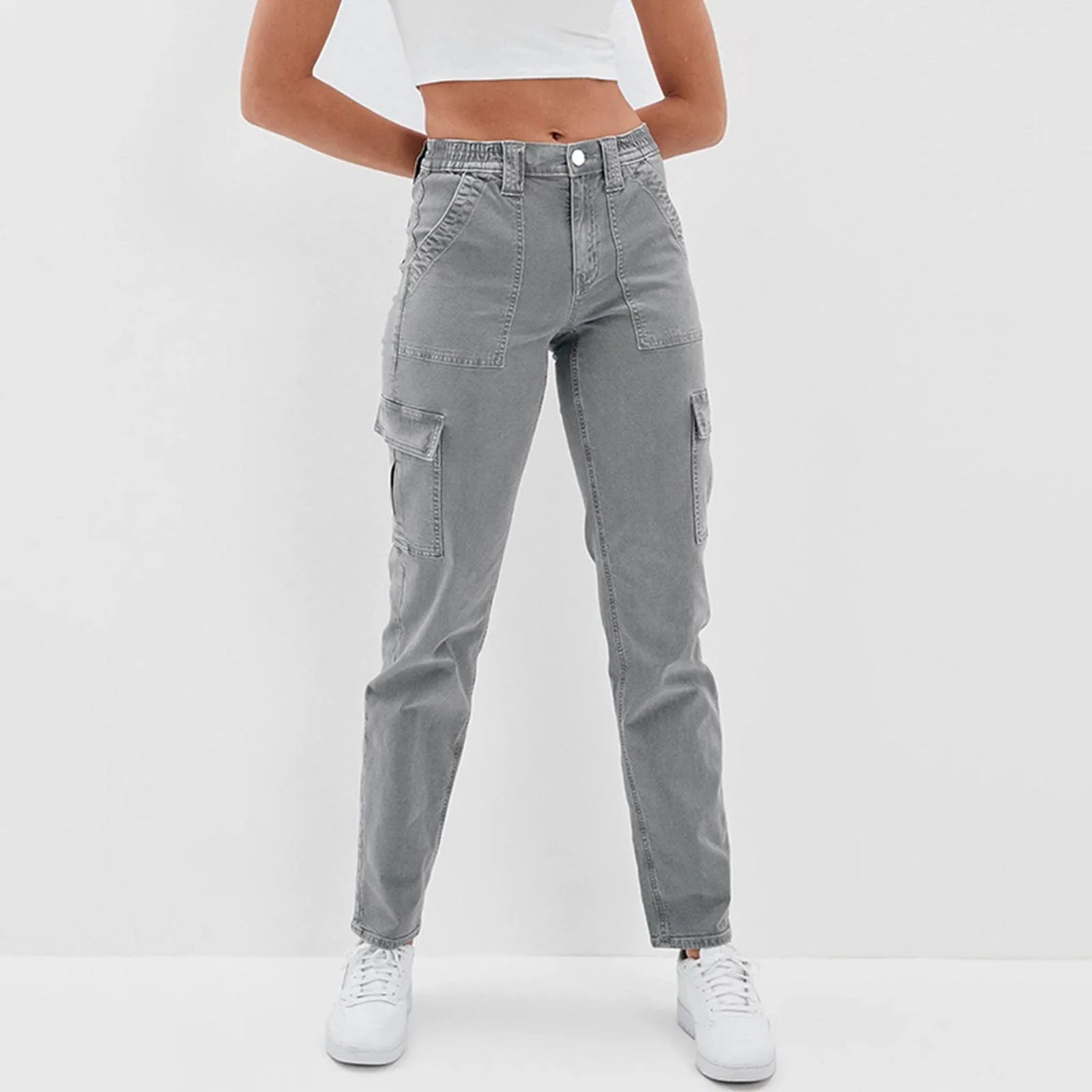 

Ladies Autumn And Winter High Waist Street Loose Cargo Pants With Pockets Casual Straight Leg Jeans Trousers For Women