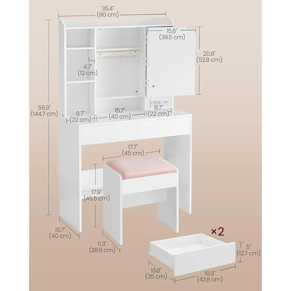 Vanity Set Vanity Desk with Power Outlets Makeup Table with Mirror and Lights Upholstered with Vanity Stool