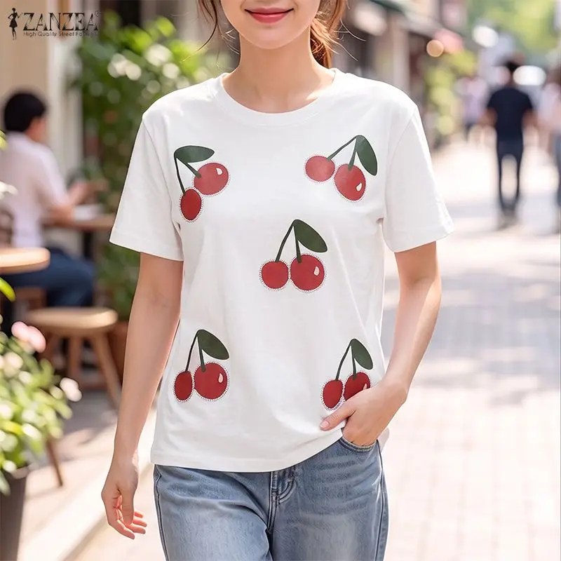 Casual Loose T-Shirts ZANZEA Women Cute Cherry Printed Tees Sweet Korean Style Short Sleeve Crew Neck Summer Tops