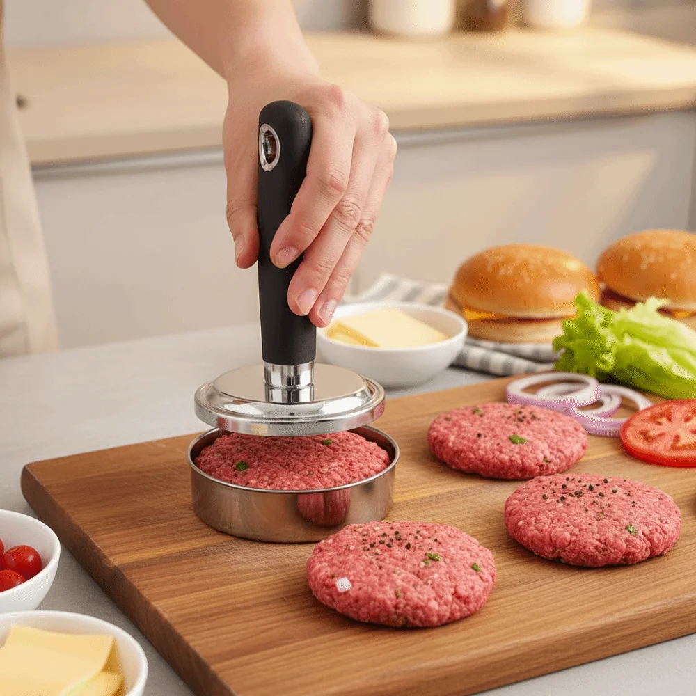 

Пресс для мясных пирогов из нержавеющей стали, ручной, с антипригарным покрытием, прочный, для формирования круглых мясных котлет, с креплением для подвешивания, для говядины