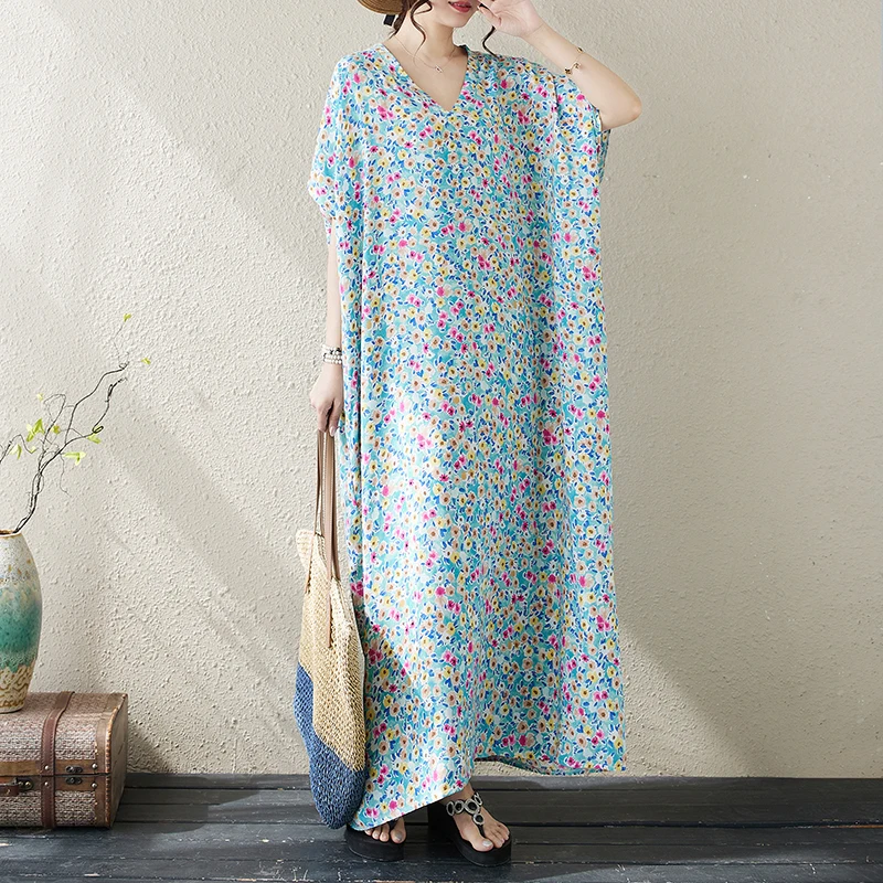 Damen-Kleid mit V-Ausschnitt, Blumendruck, schlankmachend, künstlerisch, Retro, Urlaub, lang, Dr. Baumwolle, Seide, Übergröße, ultralanges Kleid, Pendeln, hohe Damen...