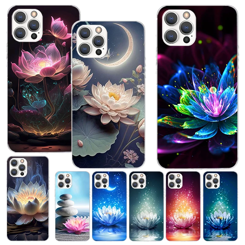 Lotus Blue White Flowers Phone Case For Apple iPhone 15 14 13 12 11 Pro Max Mini XS XR X 7 Plus 8 + SE Soft Silicone Print Shell