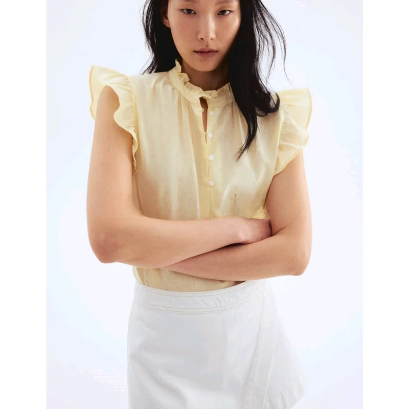 夏のカジュアルなゆったりとしたファッション、またはスリムなブラウス、レディース、スタンドカラー、混合繊維、ギャザーデザイントップ