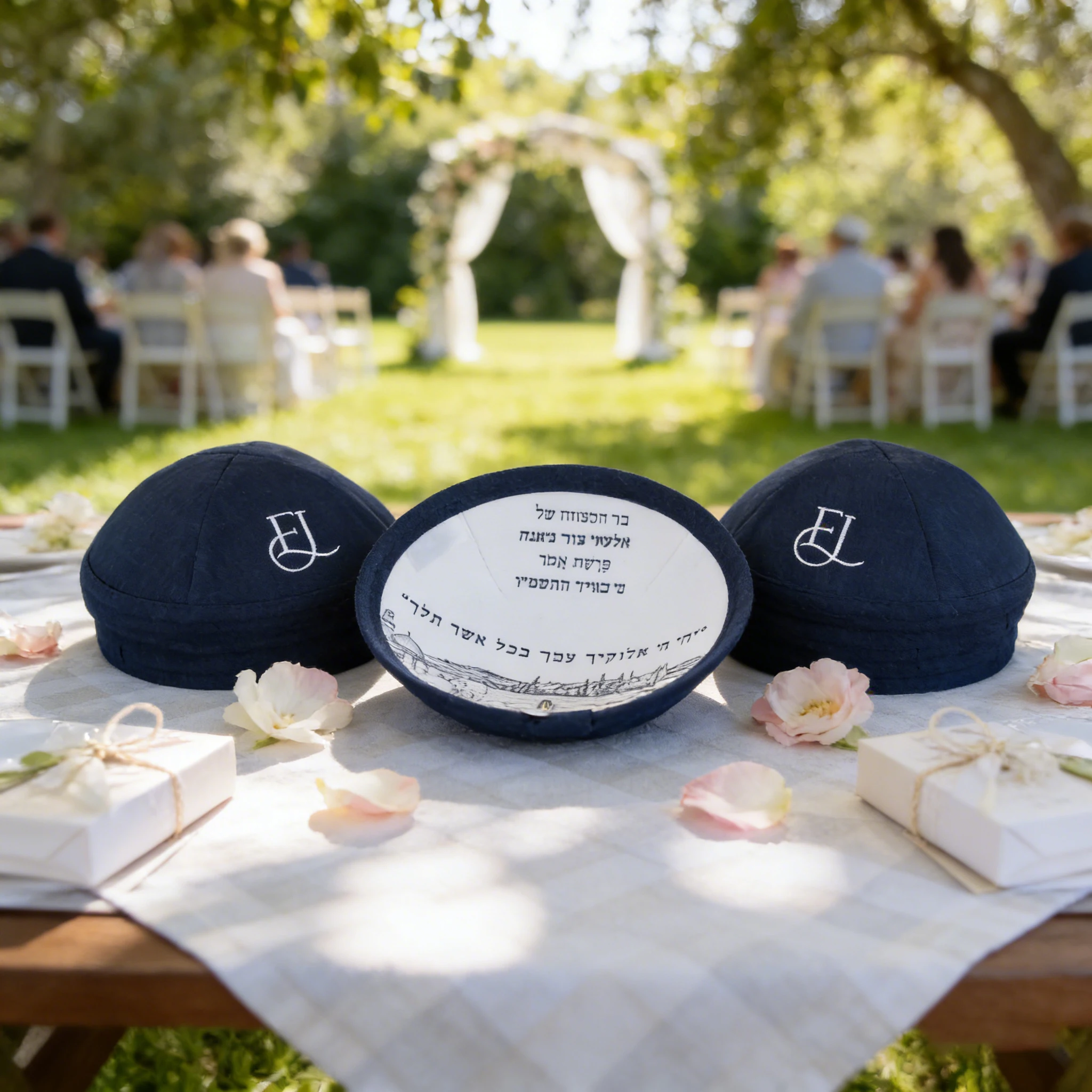 Navy linen kippah,kipa,custom digital printing available. Suitable for weddings and bar/bat mitzvah occasions.
